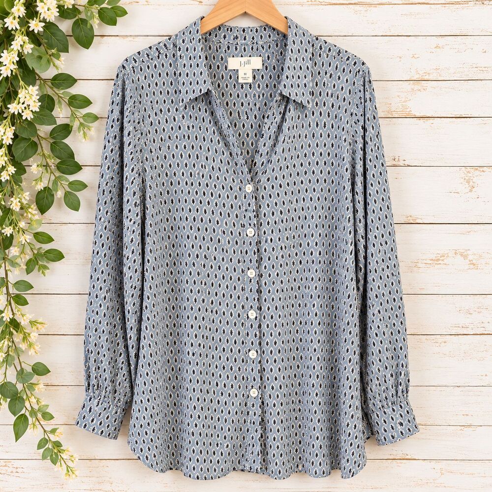 J. JILL Button Down Tunic Shirt Fish Motif Women's Large L Blue White Black EUC